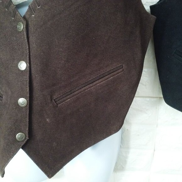 Lot(2) Mona Mode Suede Leather Vests Lady-L Pockets Lined Metal Snaps Brown Blac - Picture 3 of 10